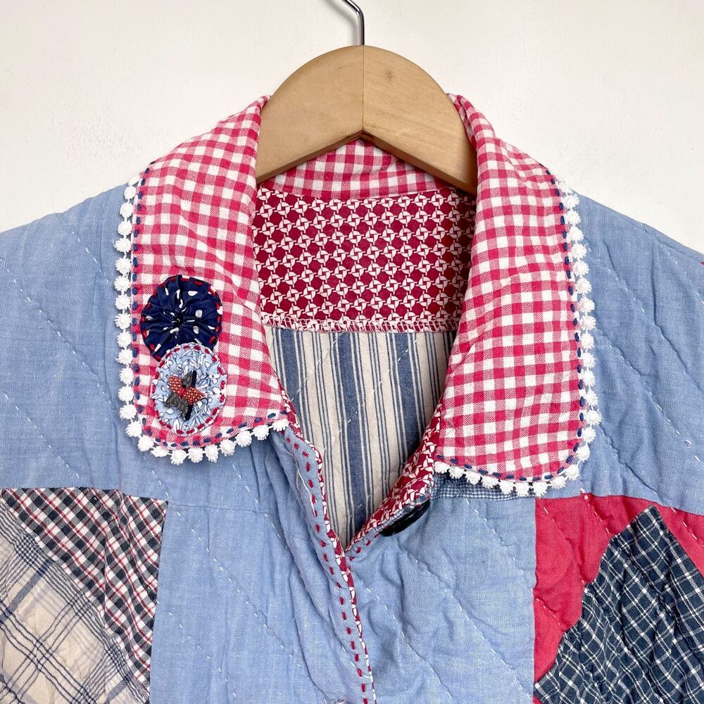 Vintage Handmade Patchwork Quilt Jacket Sz XL Cottagecore Americana Prairie Folk - Picture 2 of 13